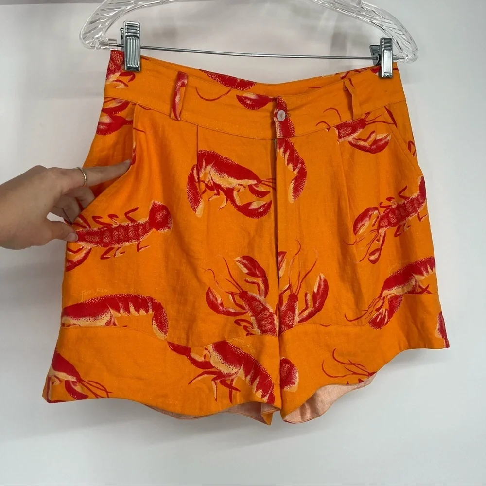 Farm Rio Orange Linen Blend Lobster Vacation Preppy Scalloped Shorts Small - Picture 3 of 5
